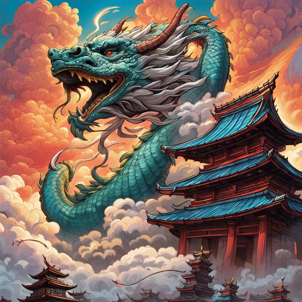 Cloud Dragon Over Samurai Temple in Comic Art Style