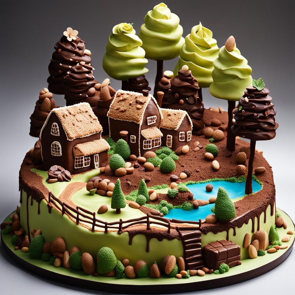 Realistic Cake Landscape With Chocolate Trees