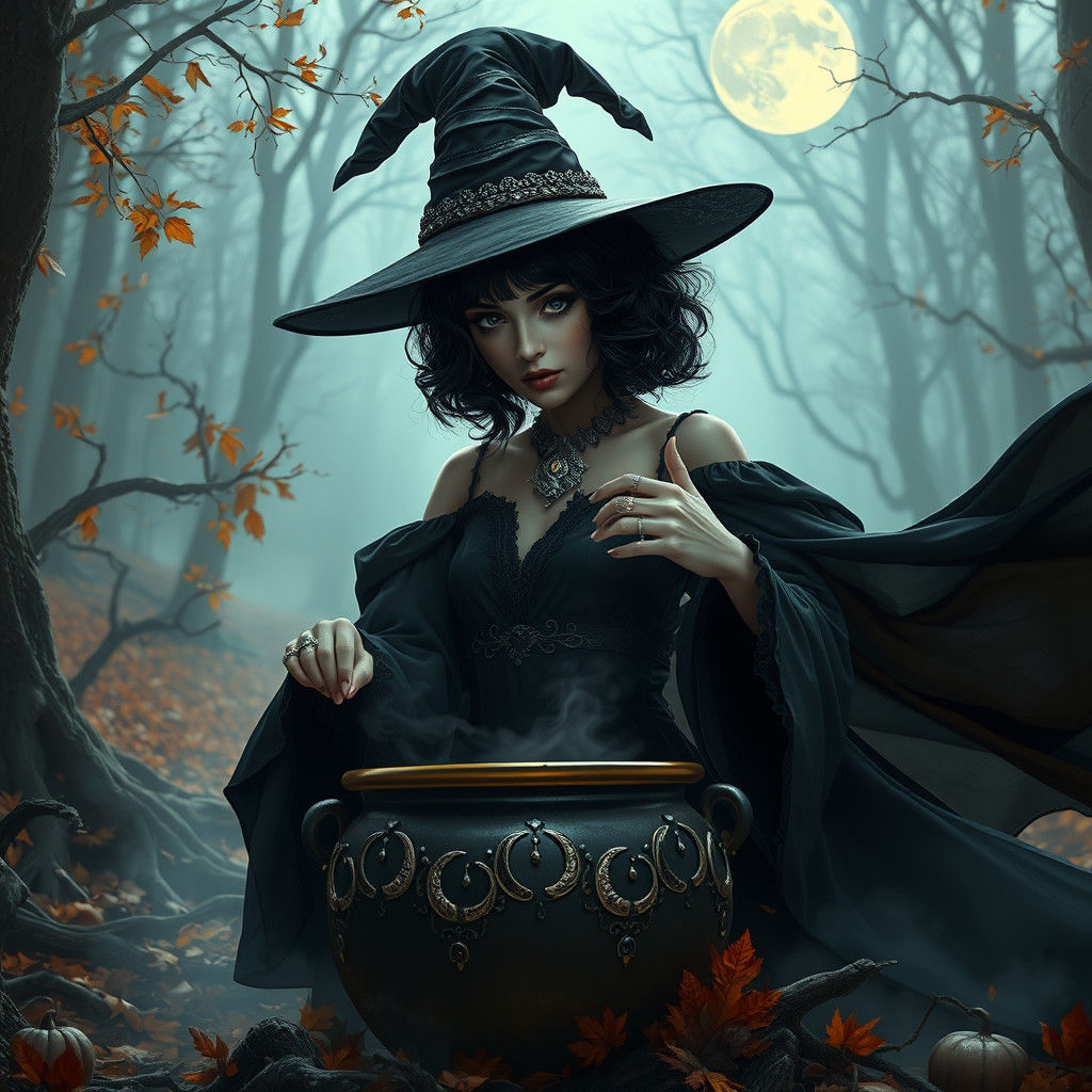 Bewitching Witch Stirring Cauldron in Misty Forest