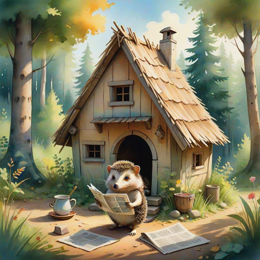 Whimsical Forest Hut with Hedgehog, Folk Art Style