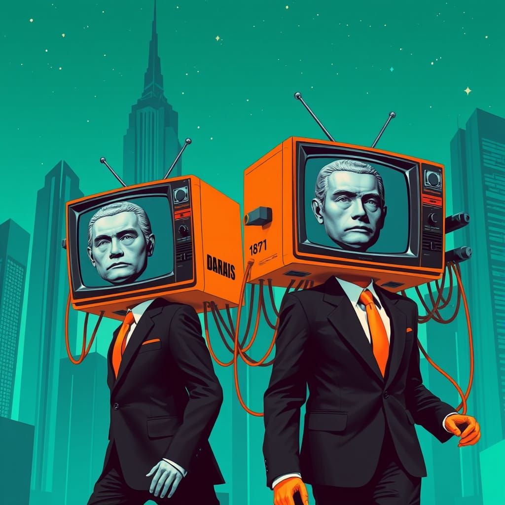Retro-Futuristic Figures in Teal and Orange Cityscape