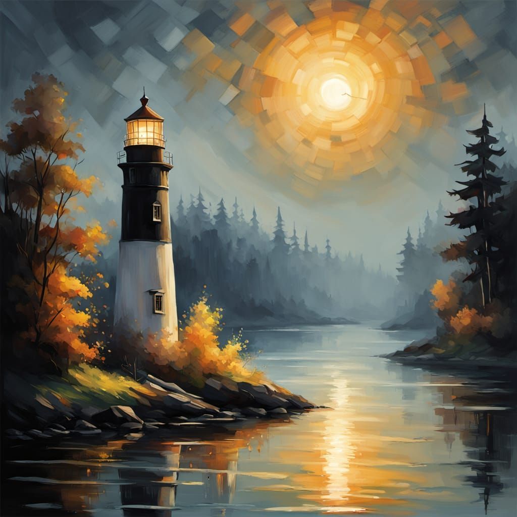 Impressionistic Lighthouses Floating on Quiet River