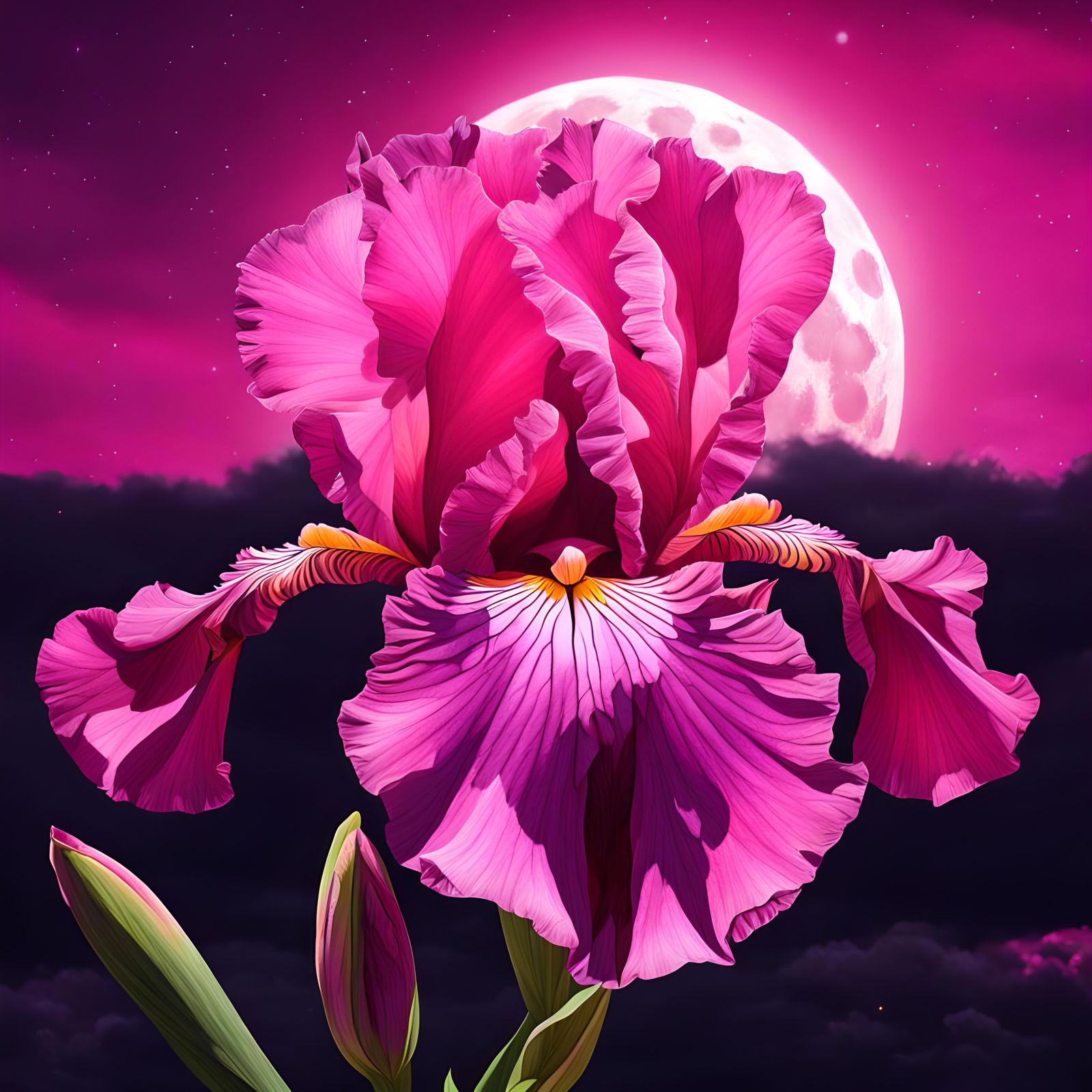 Pink Iris with Full Moon: Hyperrealistic Splash Art