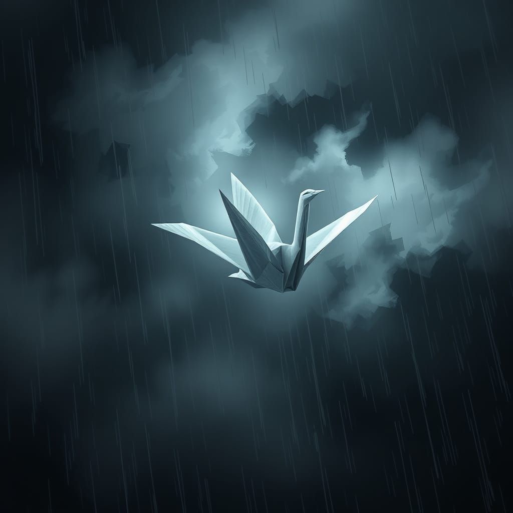 Origami Crane Soaring Through Stormy Skies