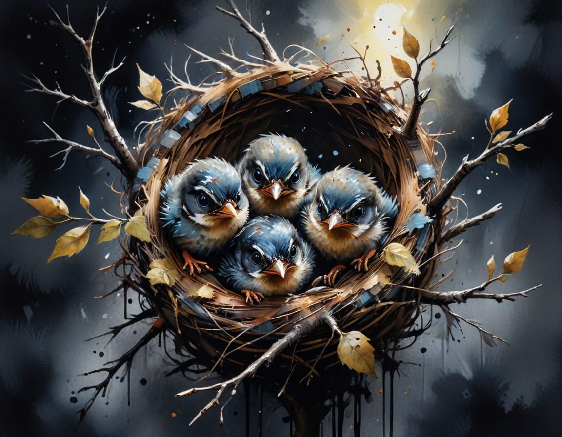 Bird's Nest Watercolor Painting with Ominous Lighting