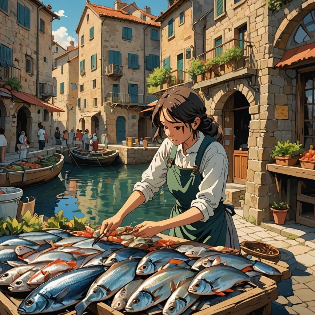 Anime Girl at Italian Fish Market, Ghibli Style