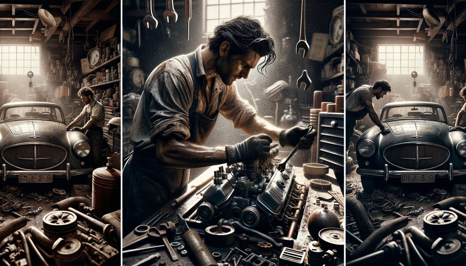 Vintage Car Repair Triptych Art