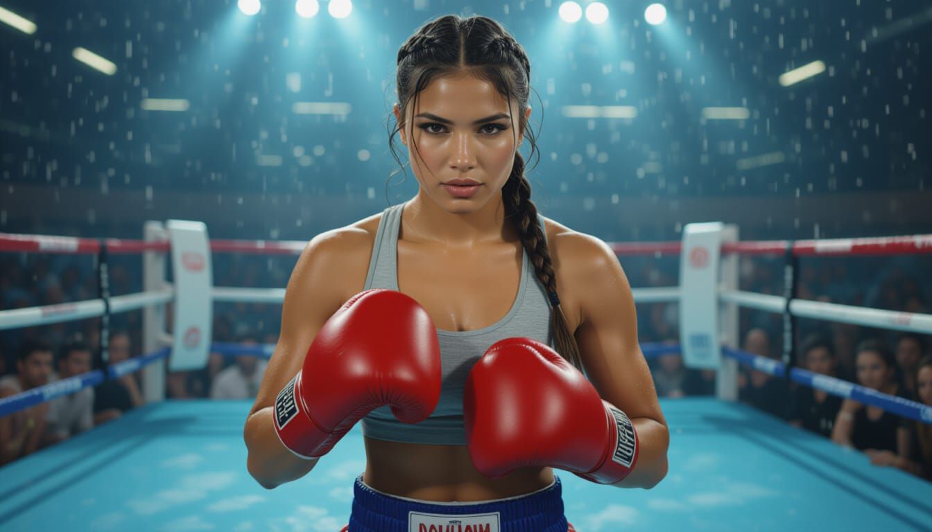 Amazonian Boxer Woman in Realistic Style Boxing Ring