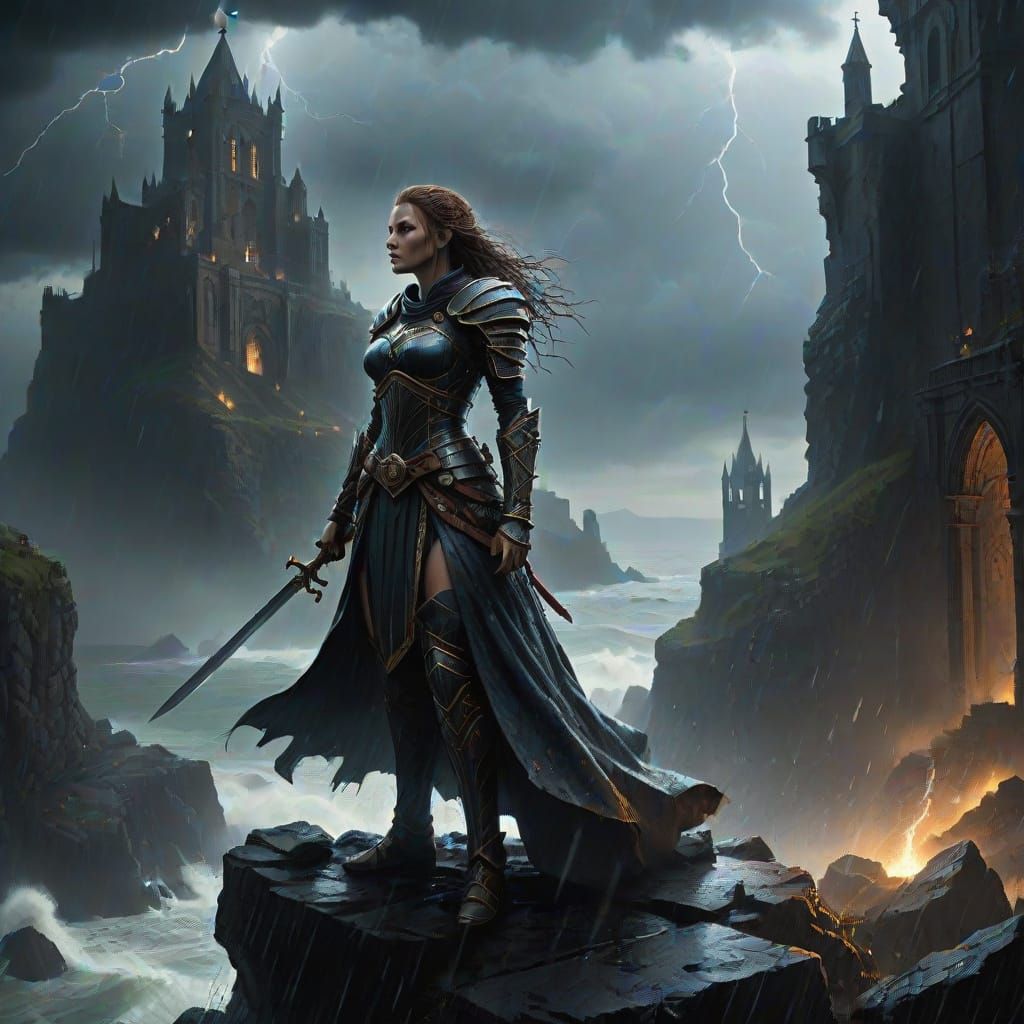 Warrior Queen on Cliff Edge in Stormy Dark Fantasy Art