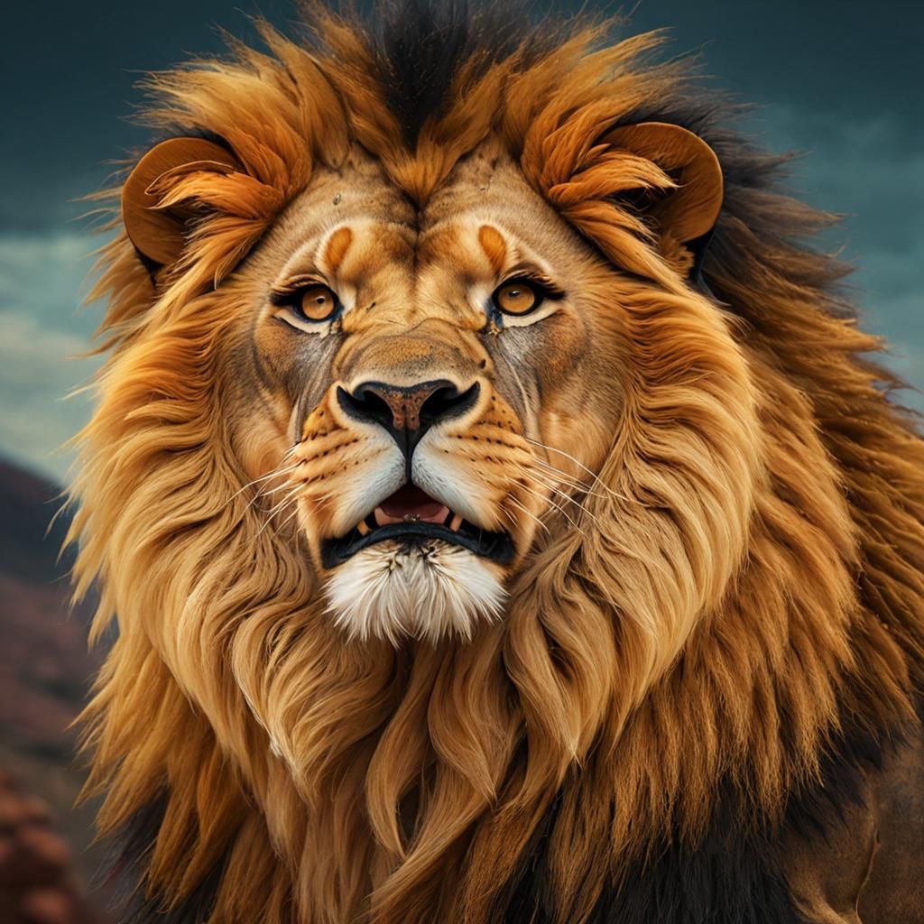 Lion Roaring on African Mountain in Geometric Art