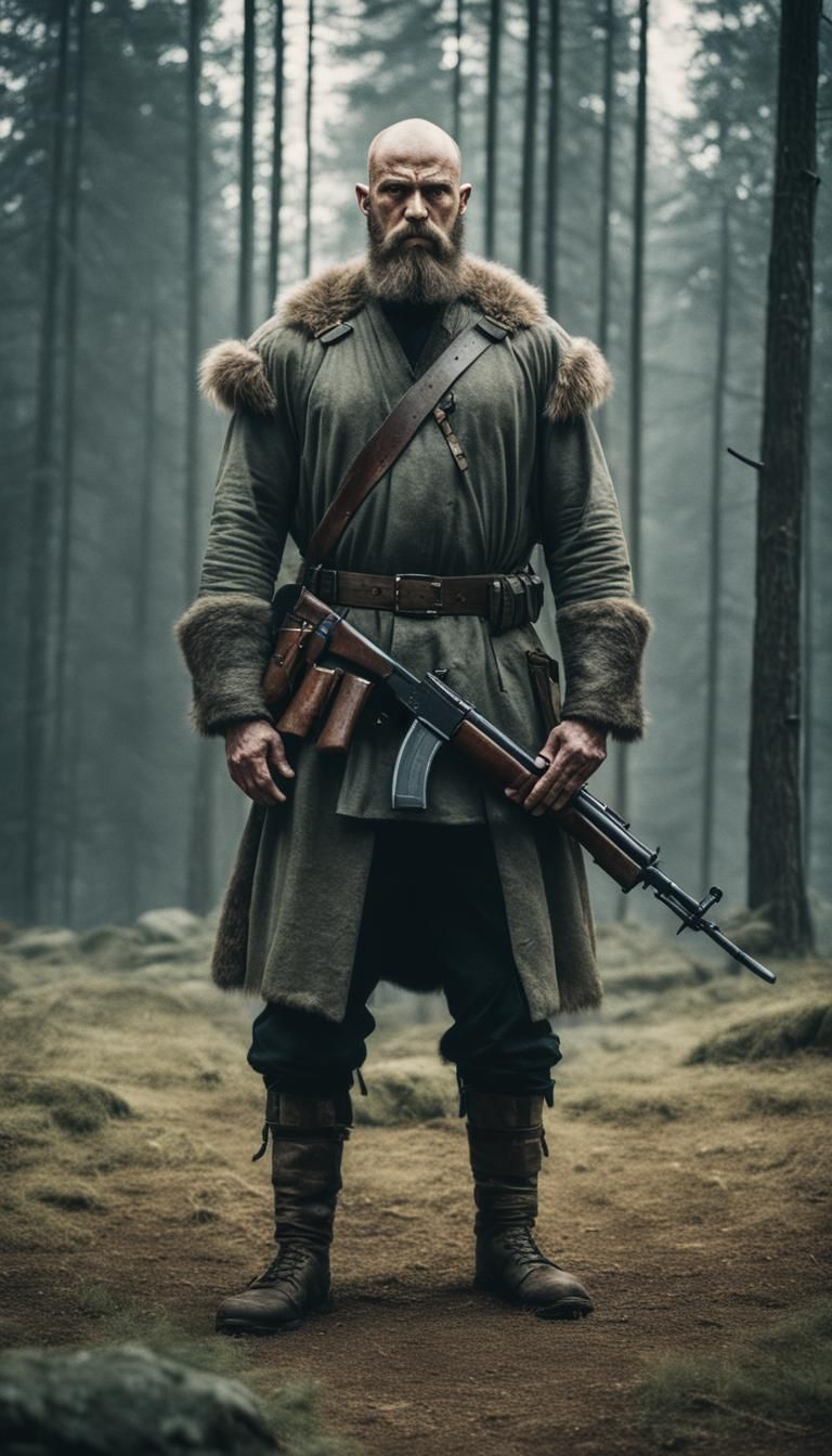 Dominant Slavic Soldier with Big Weapon: Cinematic Film Stil...