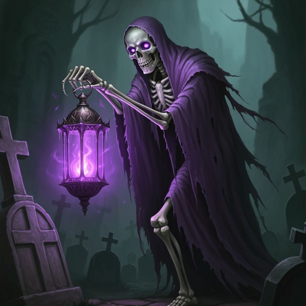 Skeleton Gravekeeper with Eerie Purple Flame Lantern