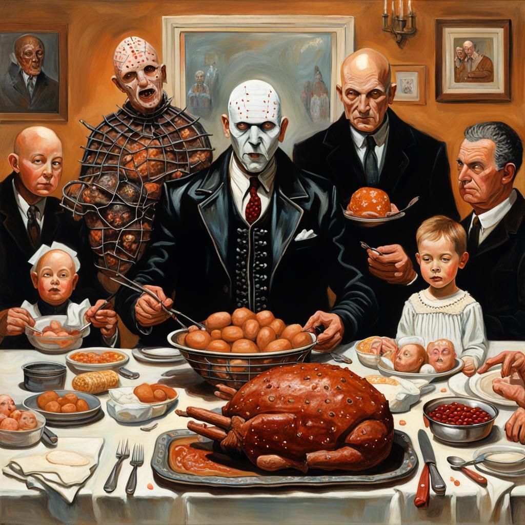 Cenobite Easter Dinner in Norman Rockwell Style