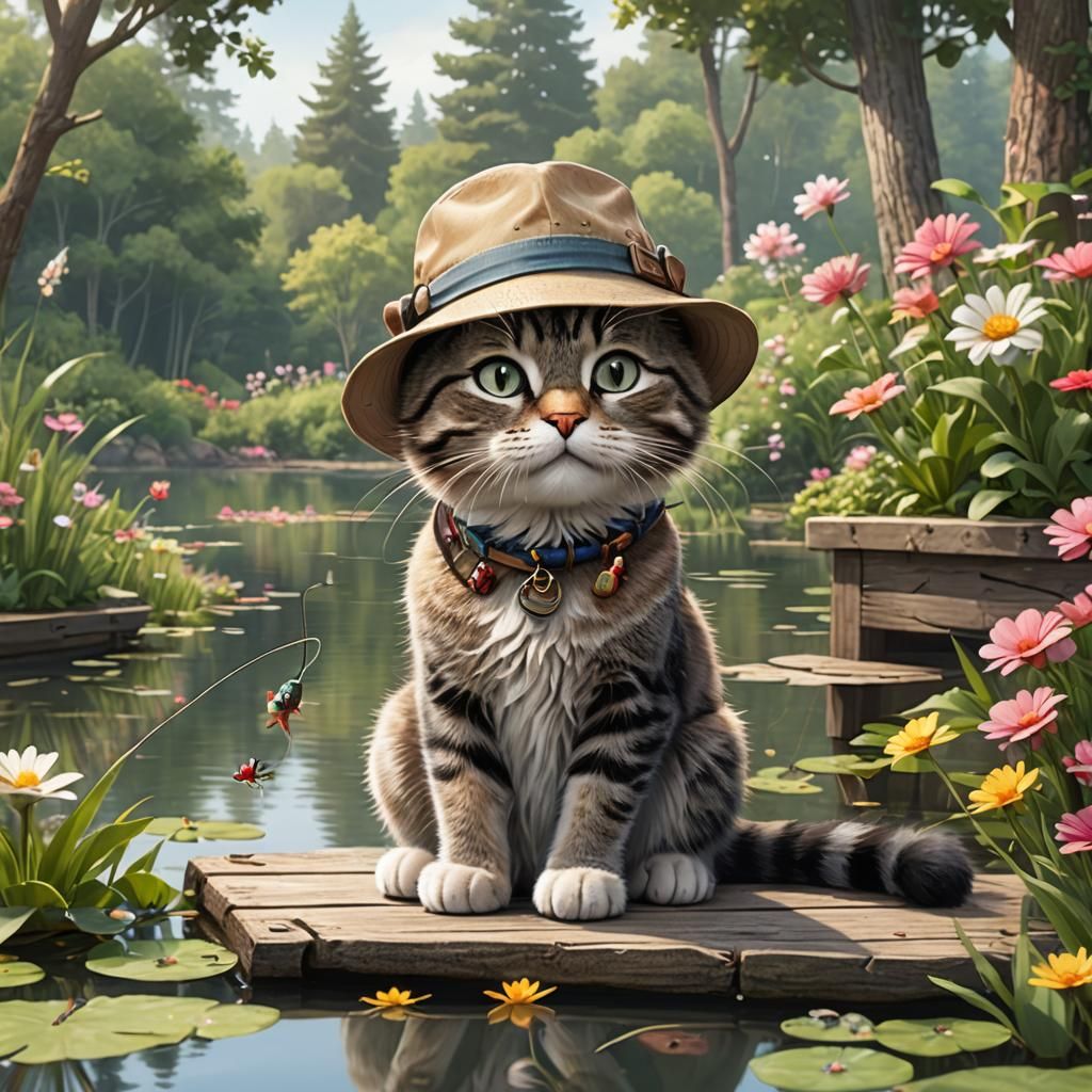 Adorable Cat Fishing on Dock as 3D Digital Art