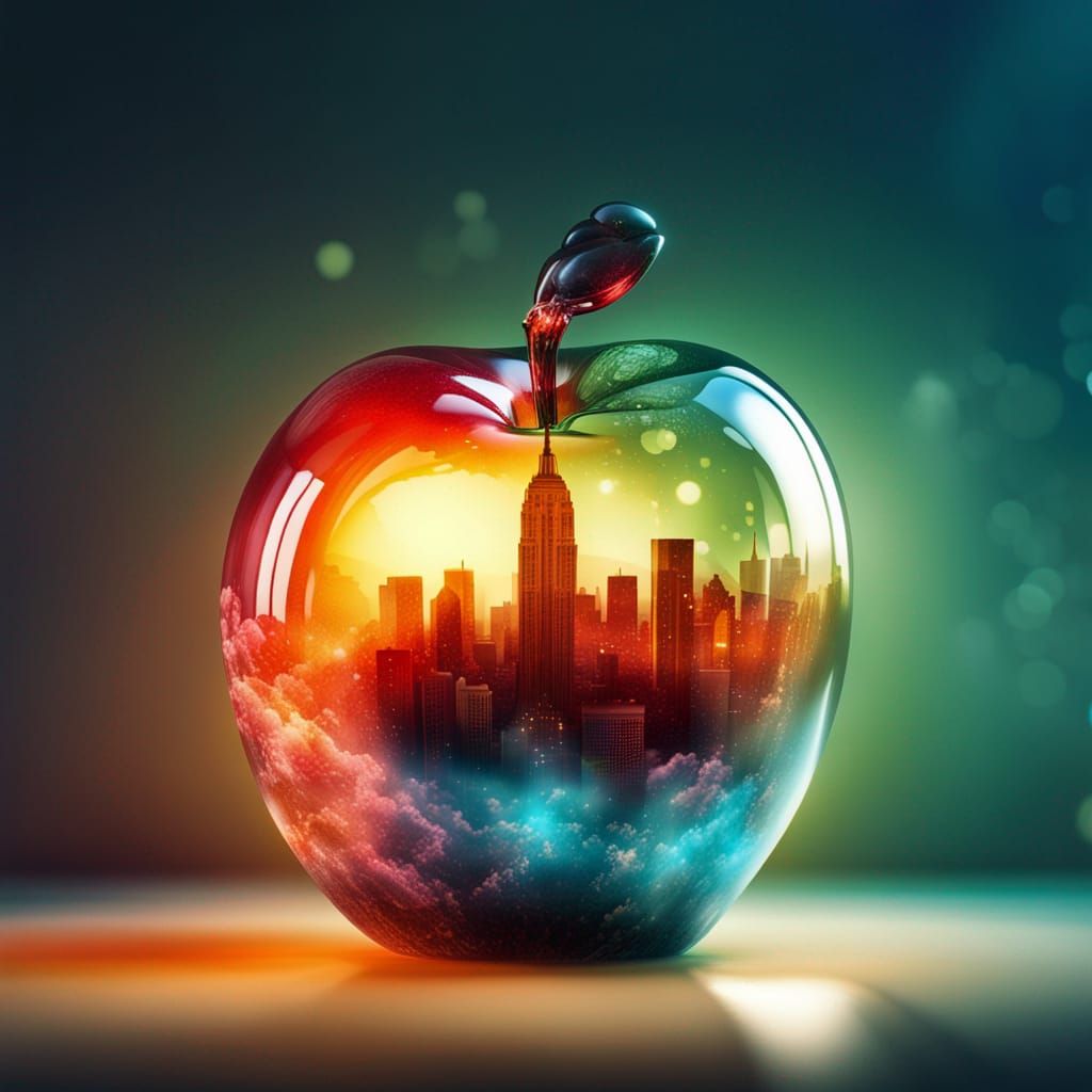 Glowing Glass Apple with New York City Inside