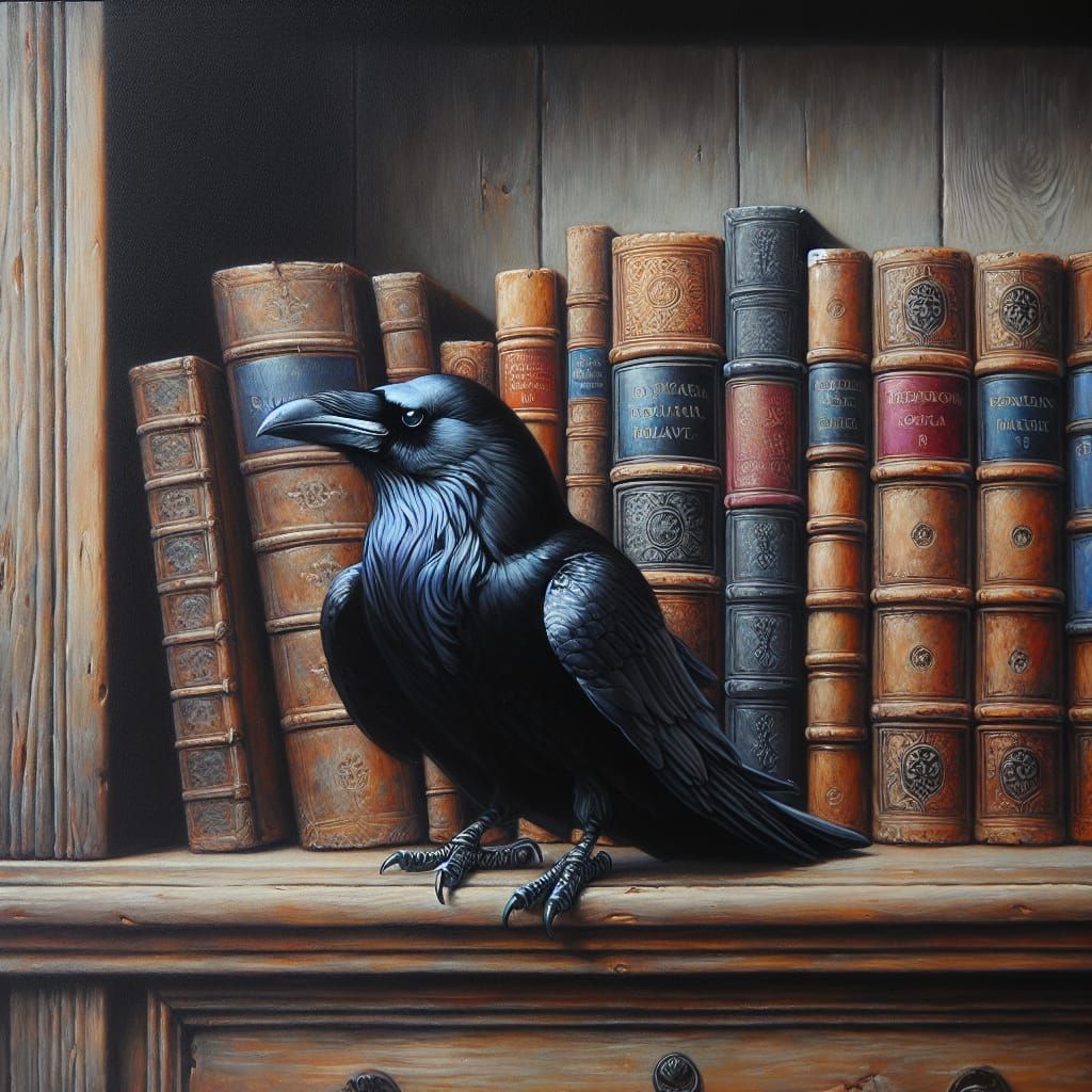 Majestic Raven perched on Weathered Bookcase in Serene Study