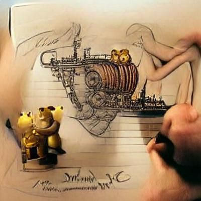 Winnie the Pooh Steampunk Drawing with Titanic Necklace