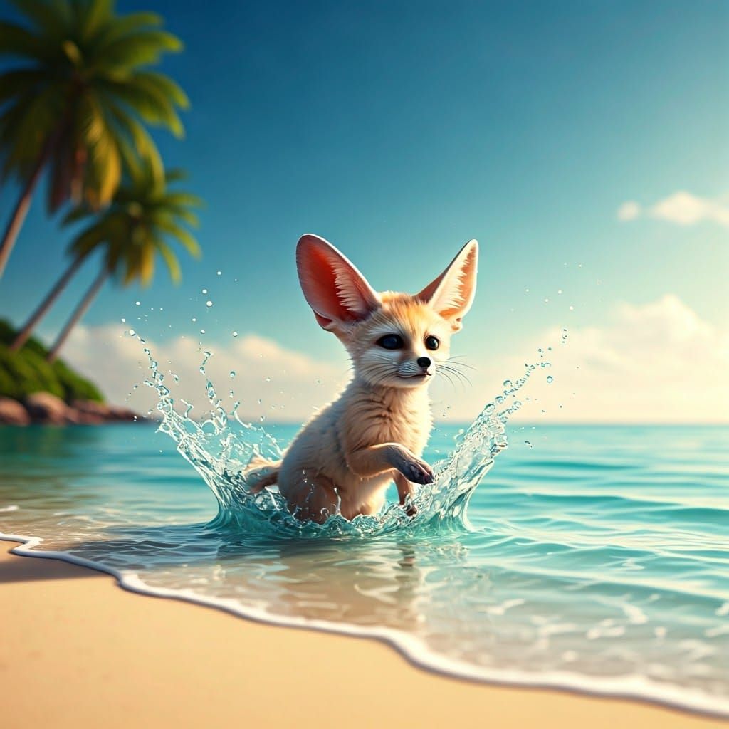Glass Fennec Fox Frolicking on a Sunny Beach