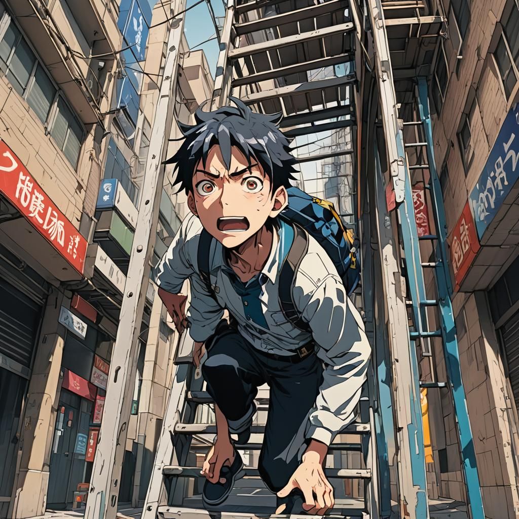 Terrified Man Walks Under Ladder: Anime Style Digital Art