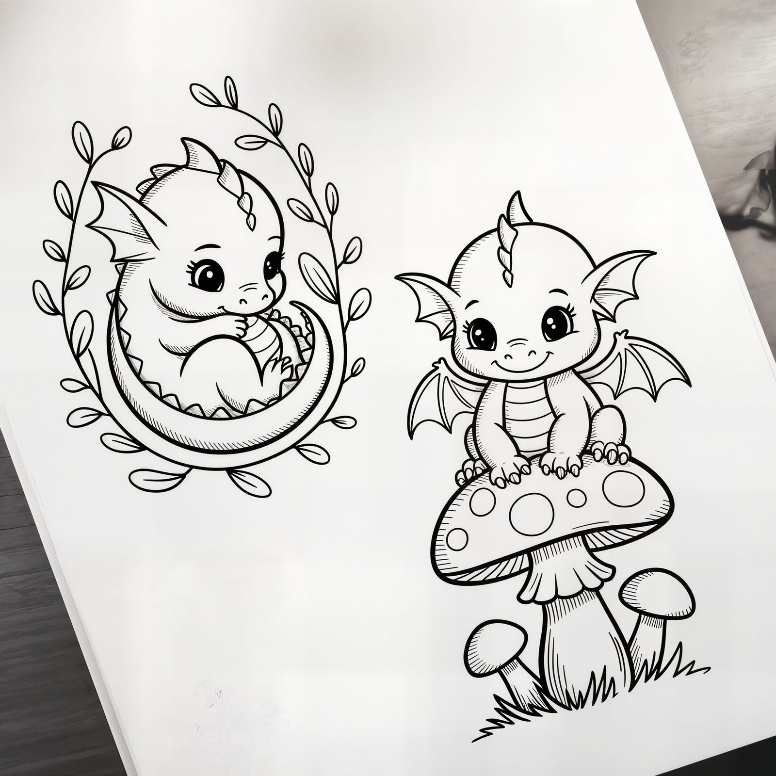 Cute Baby Dragons in Ink Sketch Style