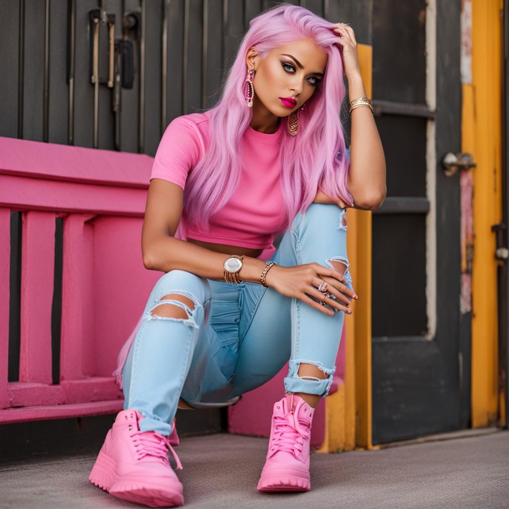 Girl with Sky-Blue Hair and Pink Outfit
