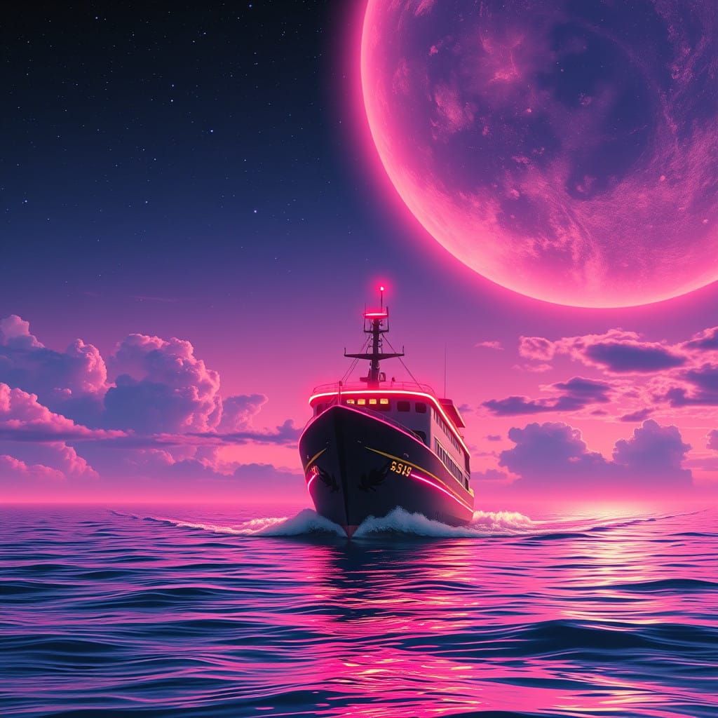 Ship Sailing Through Neon Cosmos