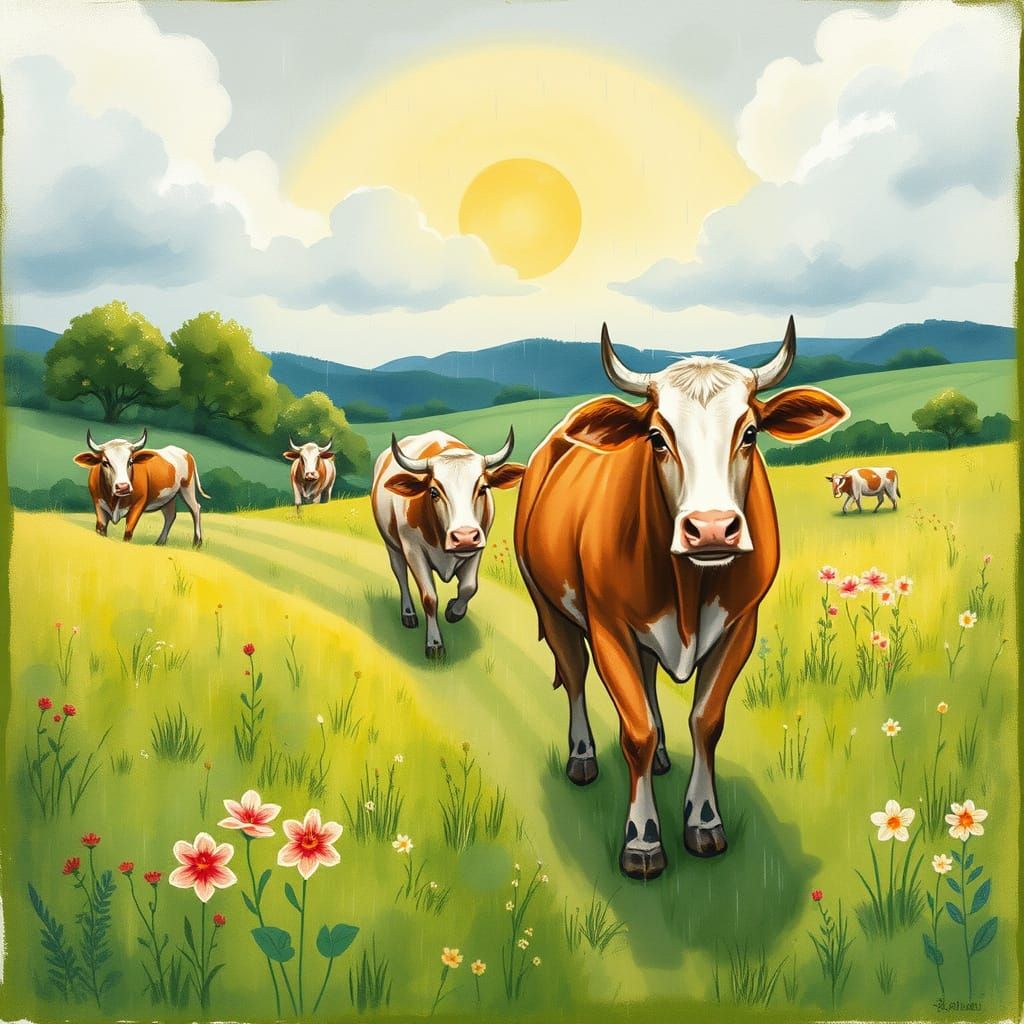 Nguni Cows in Summer Rain: Whimsical Watercolor Pasture