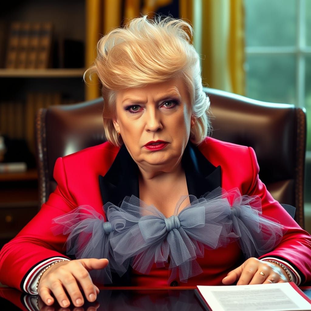 Elderly Drag Queen Trump Sits Regally in Oval Office