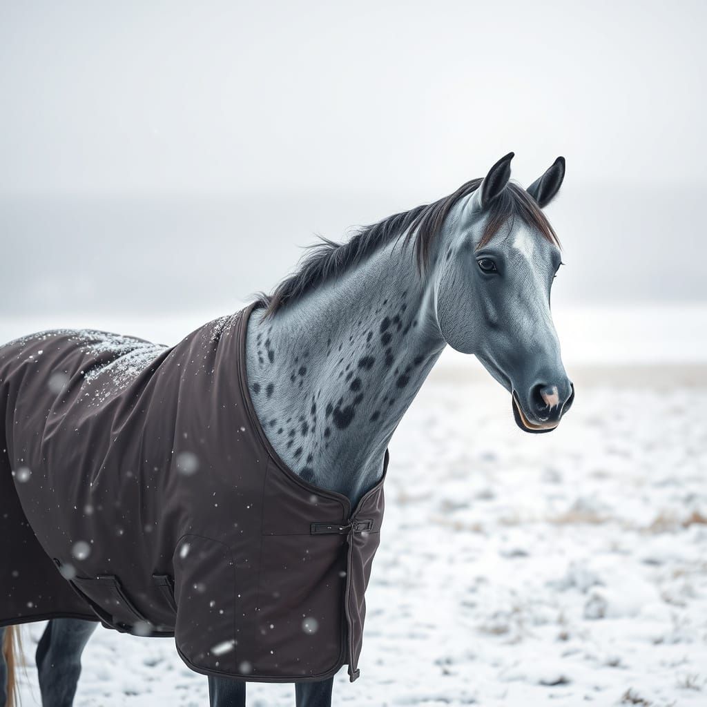 Grey Thoroughbred Horse in Snowy Winter Scene