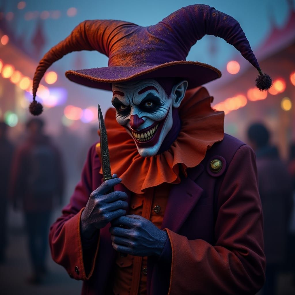 Sinister Jester with Knife Scepter at Foggy Carnival