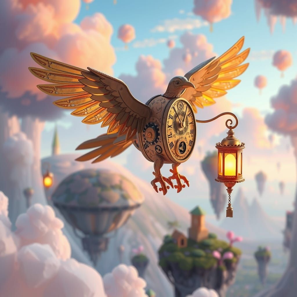 Clockwork Bird Soaring Through Floating Islands