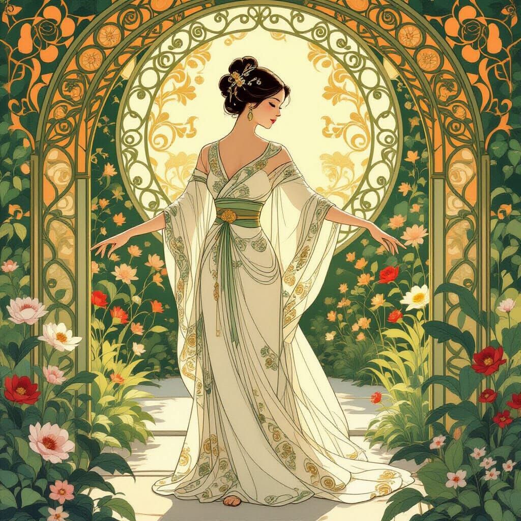 Jugendstil Woman Practicing Qigong in Garden