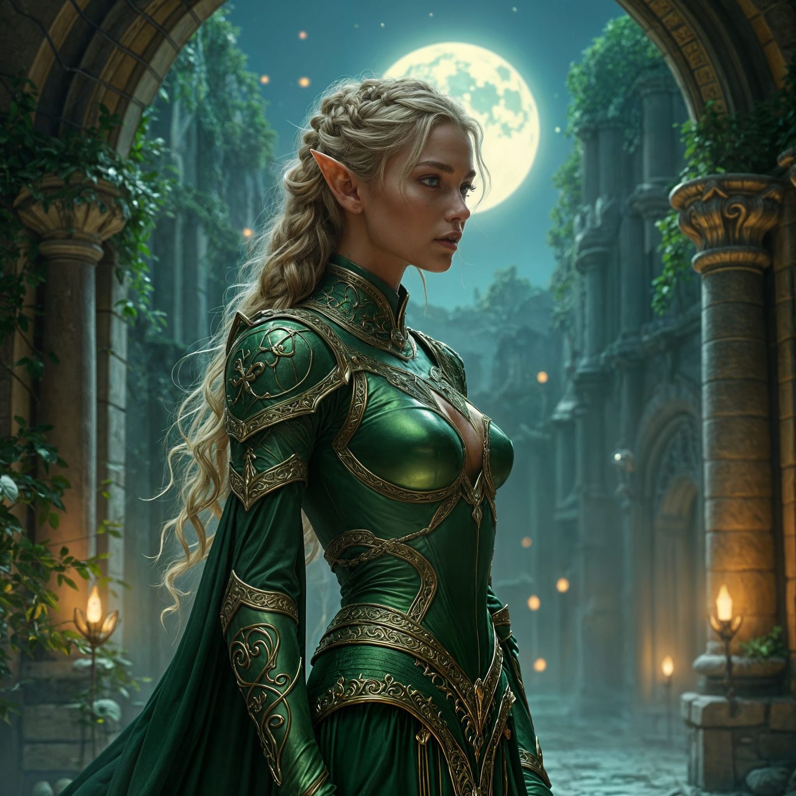 Confident Elven Paladin in Enchanted Courtyard