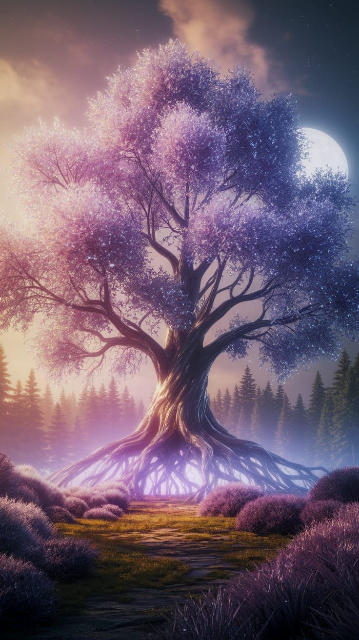 Moonlit Tree of Crystal Leaves in Fantasy Forest