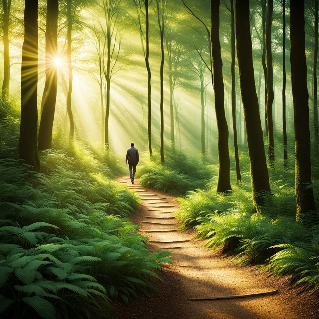 Man Walks Forest Path Seeking Spiritual Truth