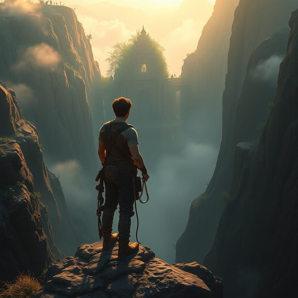 Explorer at Canyon Temple in Matte Painting Style