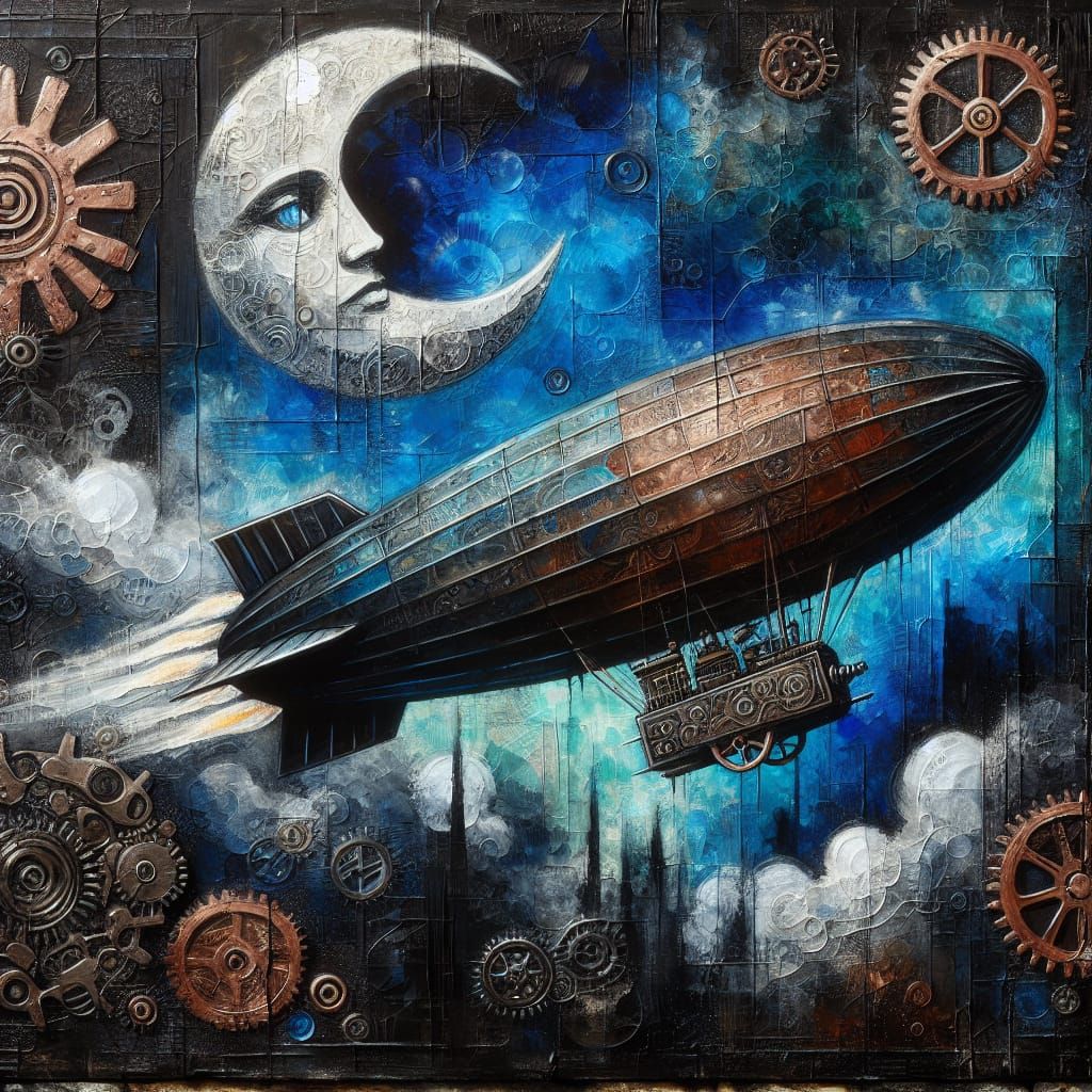 Steampunk Zeppelin in Electric Blue Night Sky