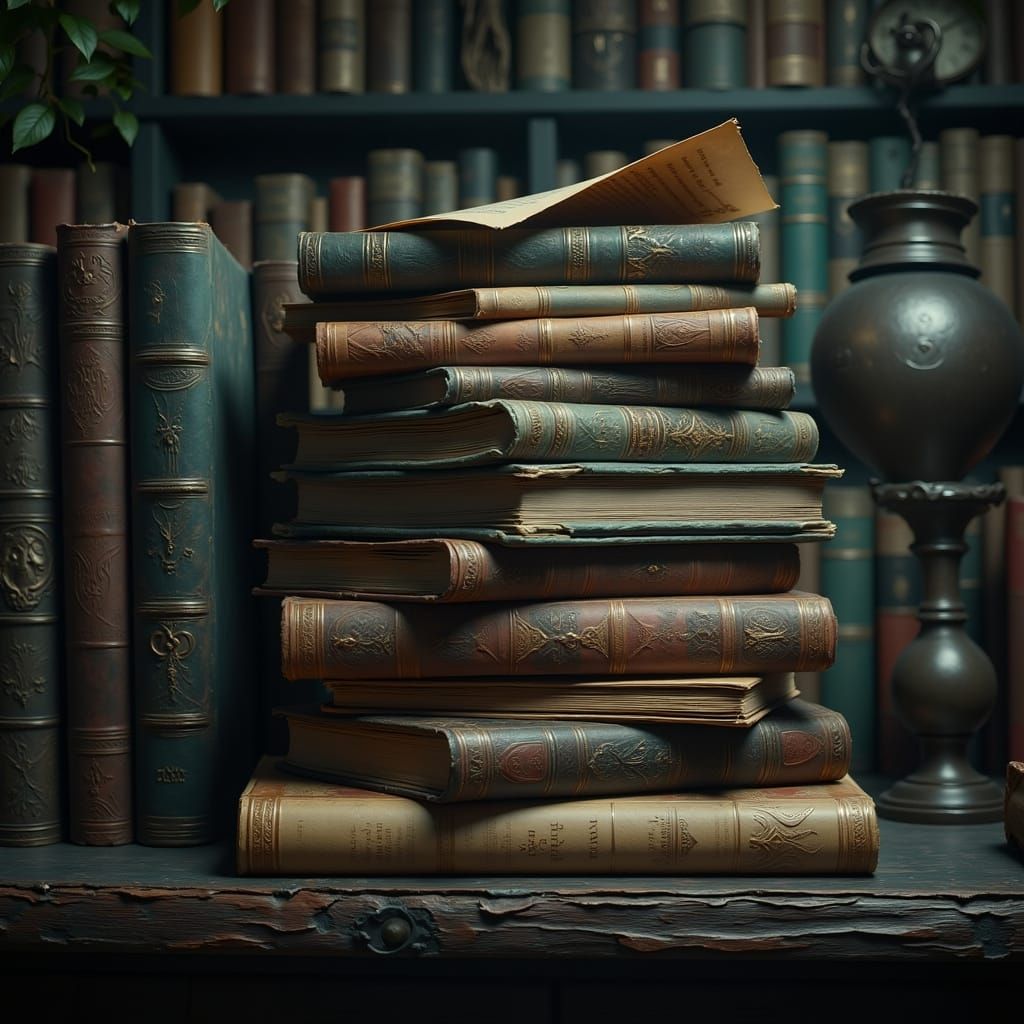 Ancient Books with Subtle Faces on Dusty Shelf