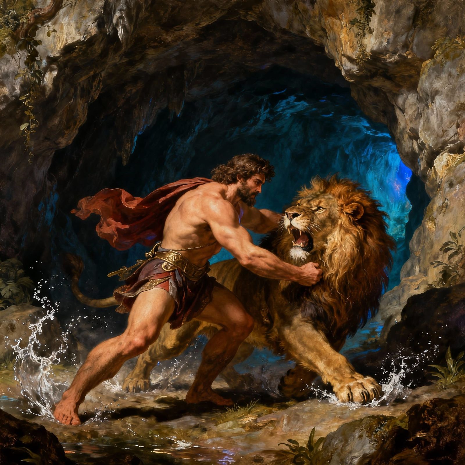 Hercules wrestling with the Nemean Lion.