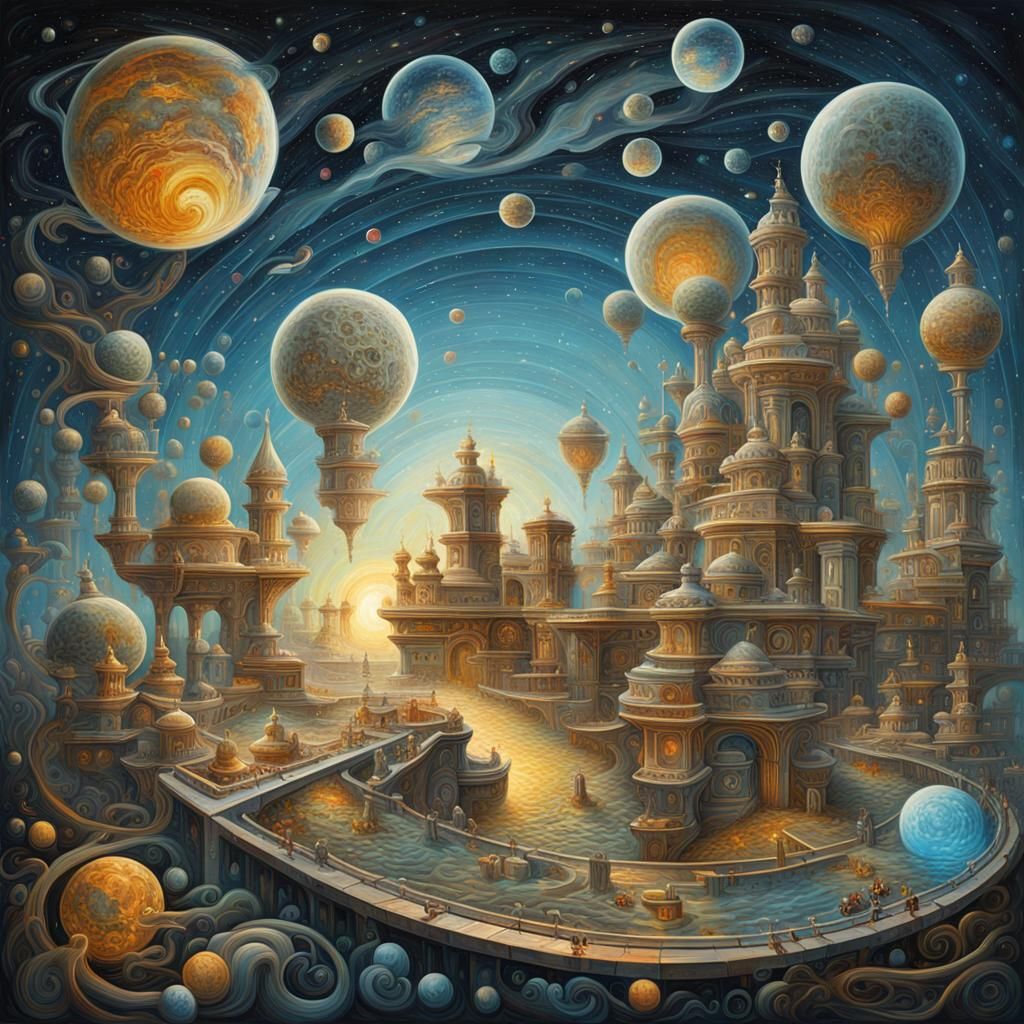 Luminous Geometric Astrocity in Rococo Surrealism Style