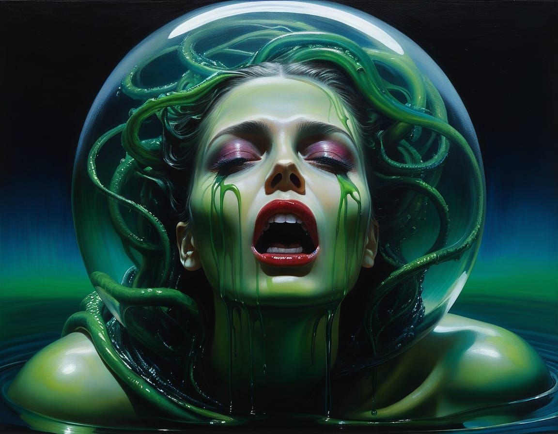 Distorted Woman Submerged in Iridescent Slime