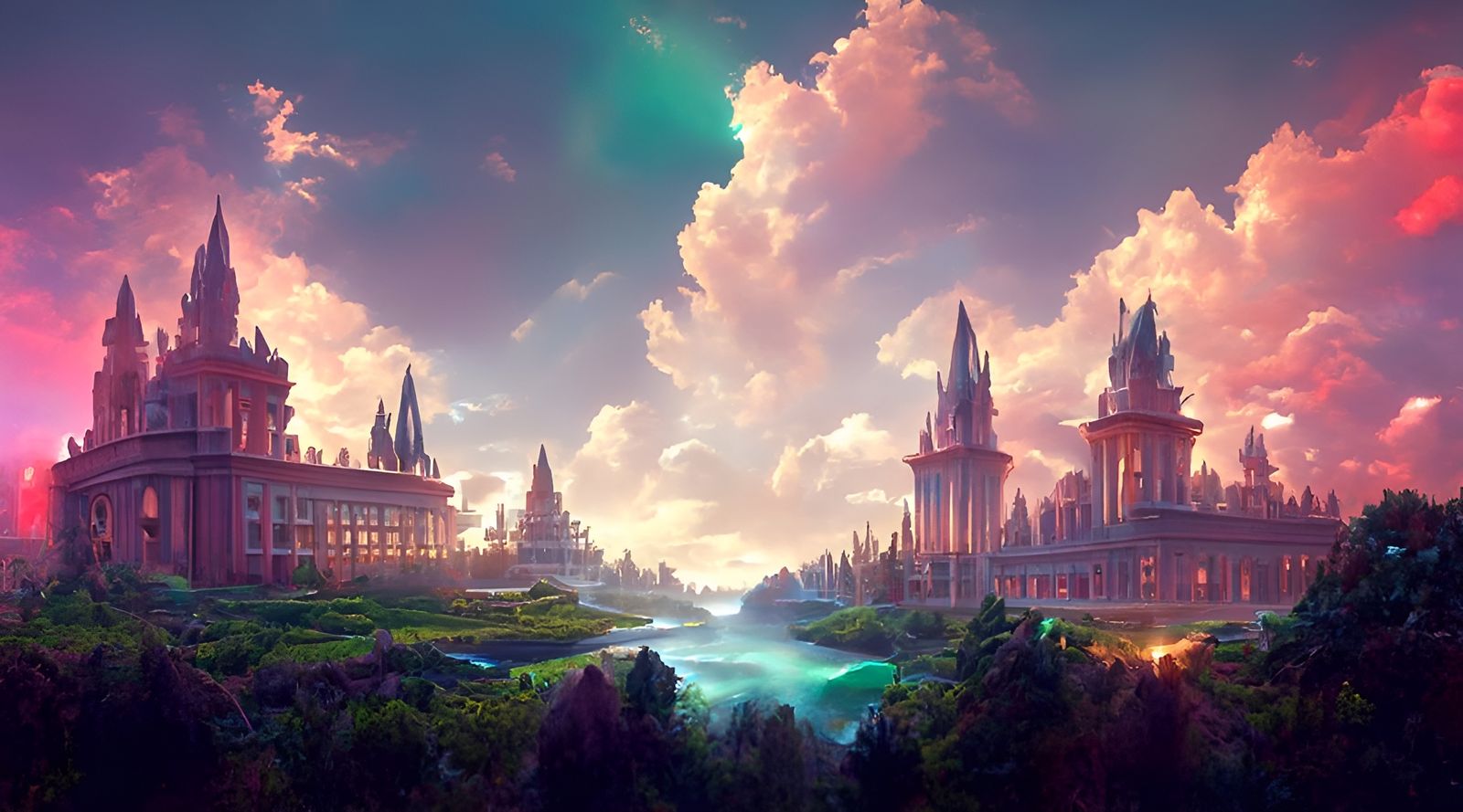 Enchanted Magical Academy Vista with Geometric Design