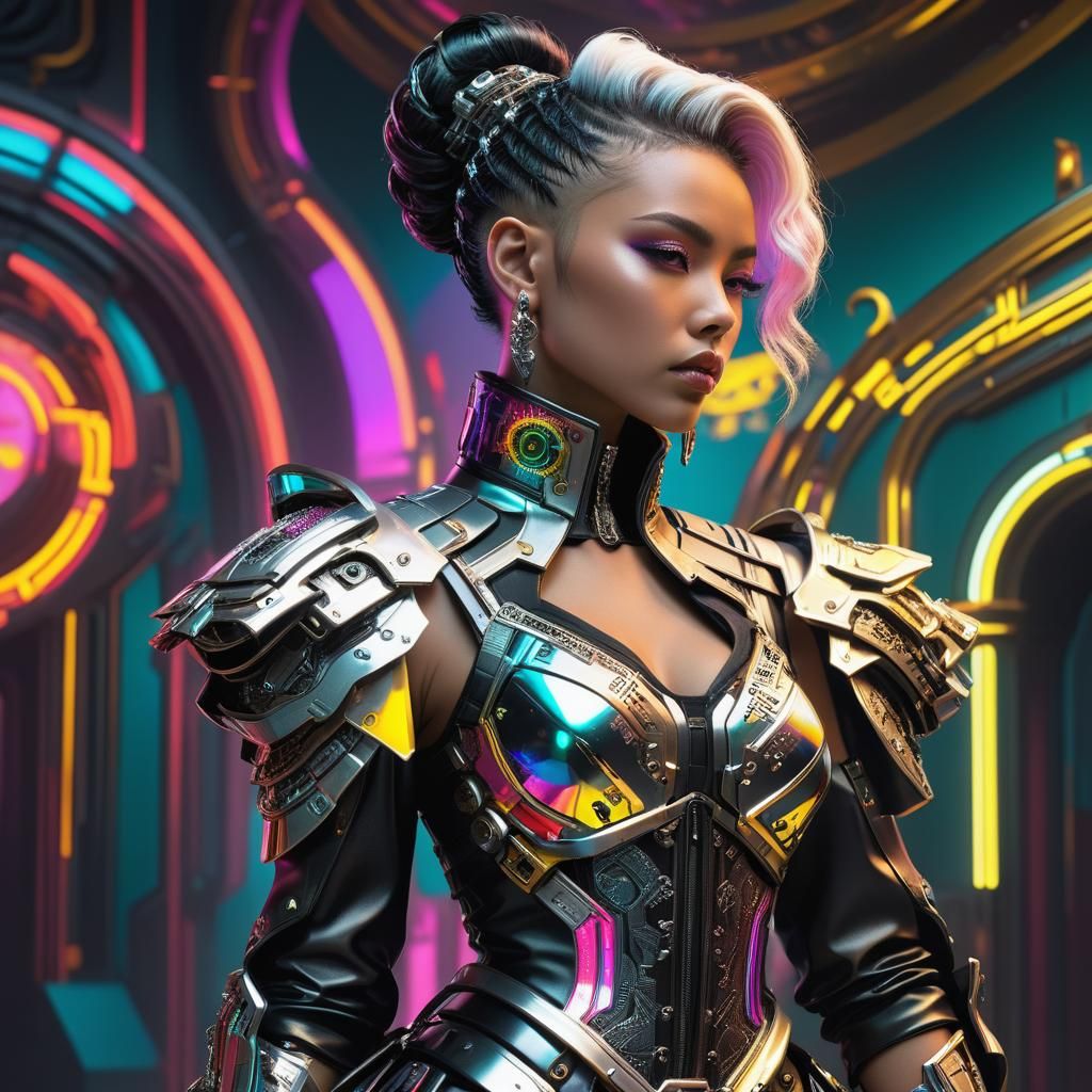 Cyberpunk Rococo Fashion Fusion in Hyperrealistic Style