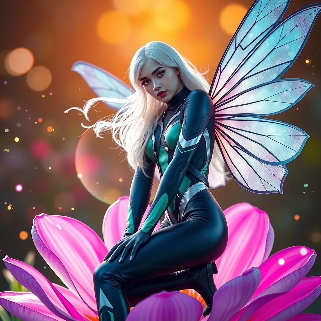 Futuristic Fairy on Blooming Flower with Magical Sparkles
