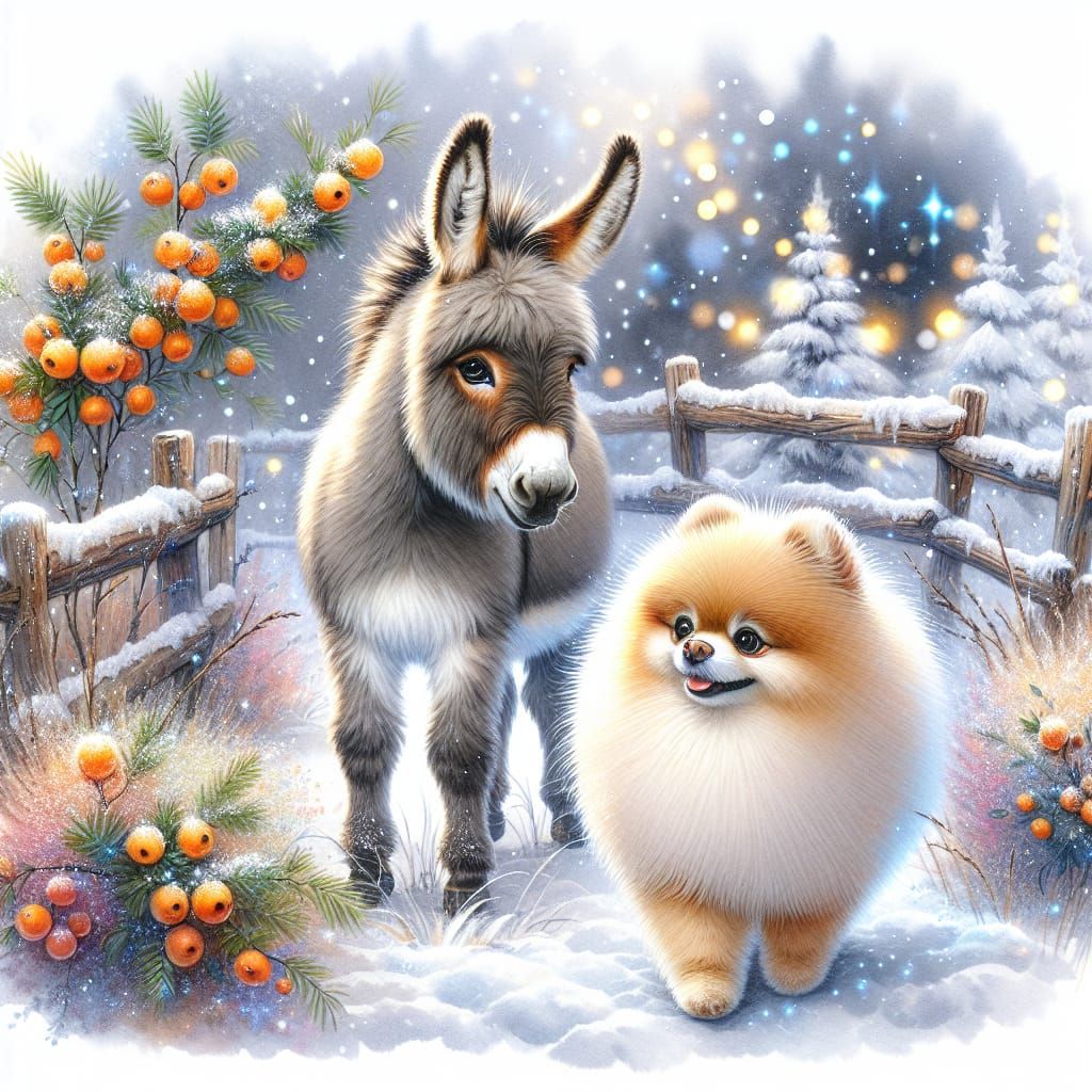 Vibrant Winter Scene: Friendly Donkey and Pomeranian