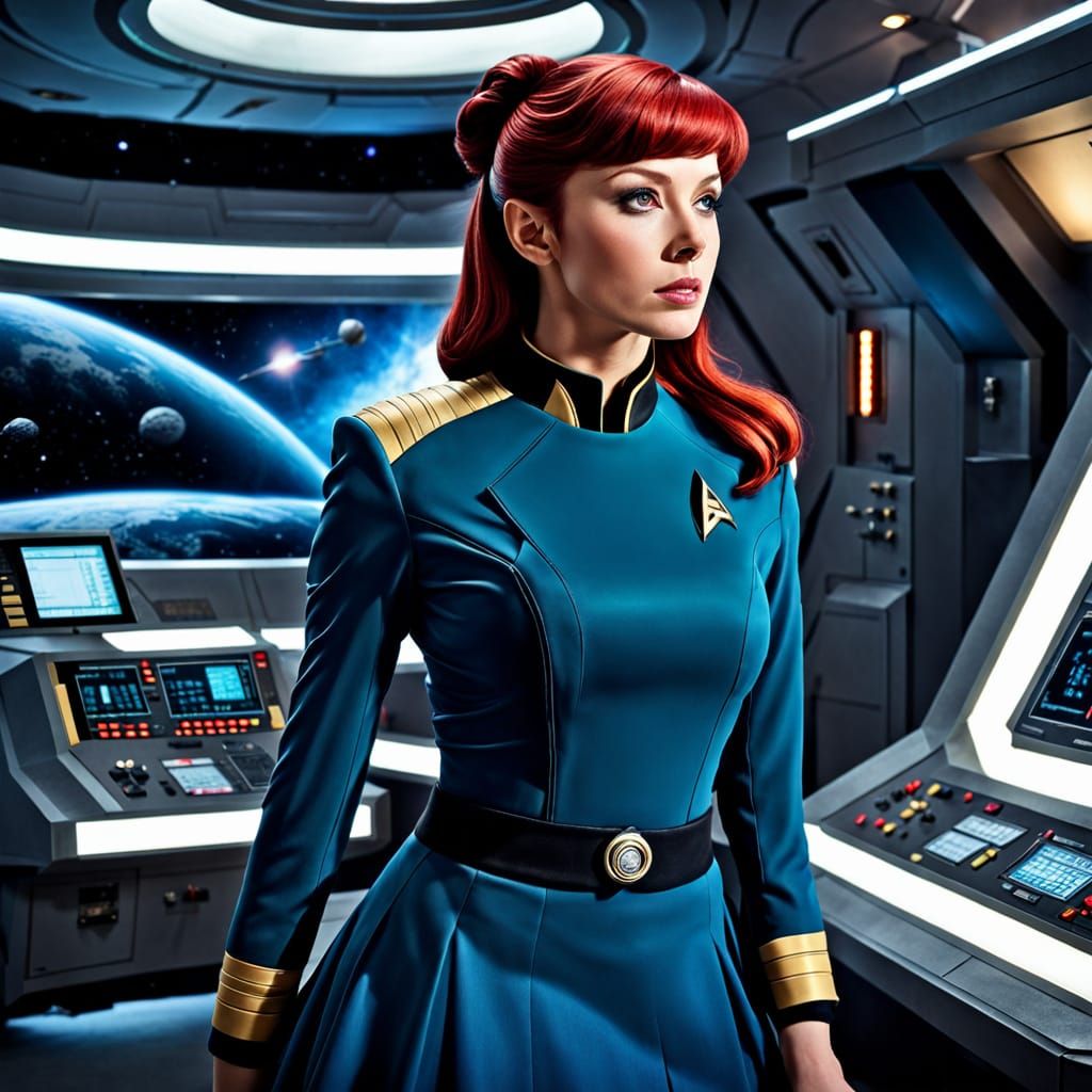 Female Starfleet Officer at Science Station