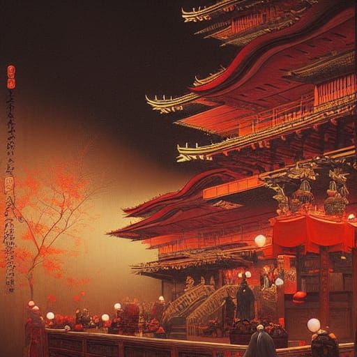 Elaborate Kabuki Performance at Night in Painting Style
