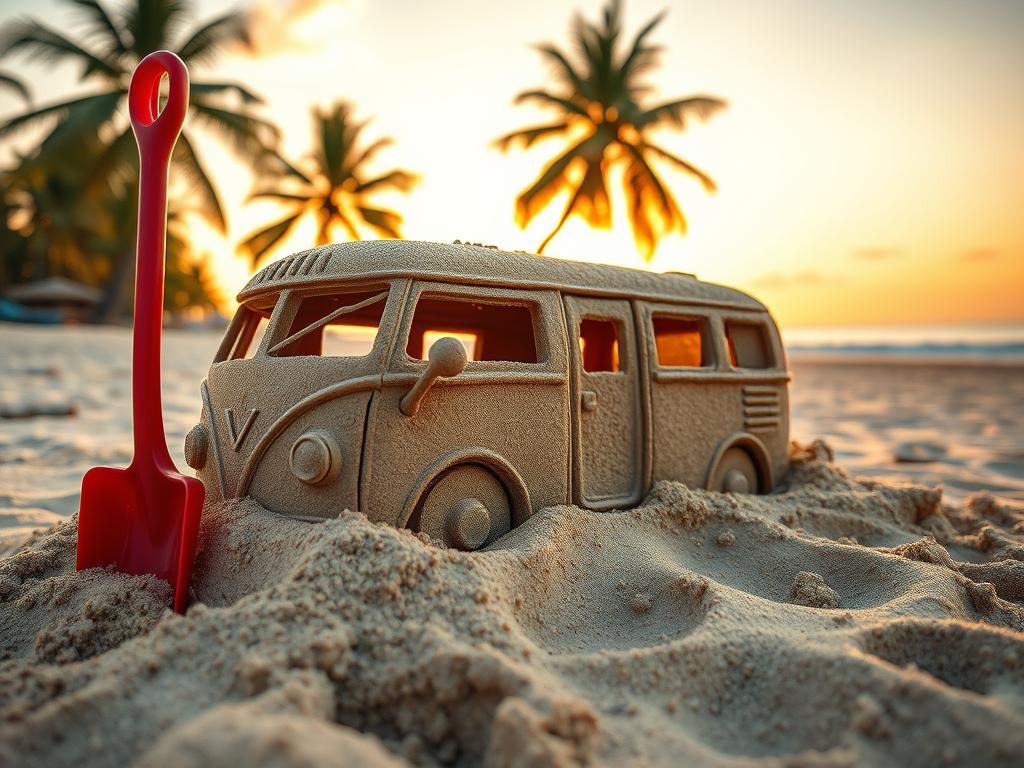Psychedelic Hippie Bus Sandcastle at Sunset