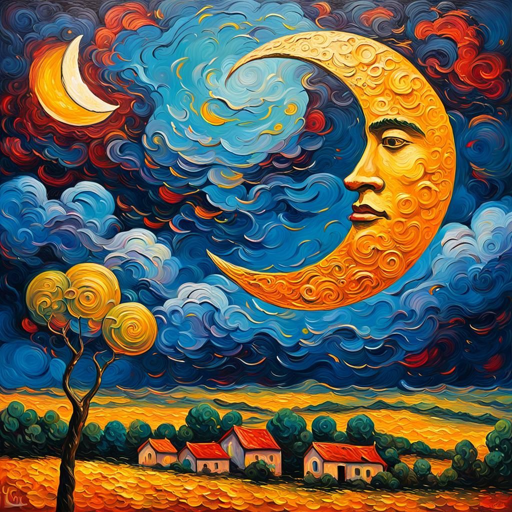 Large Moon in Expressionist Neo-Impressionism Oil Painting