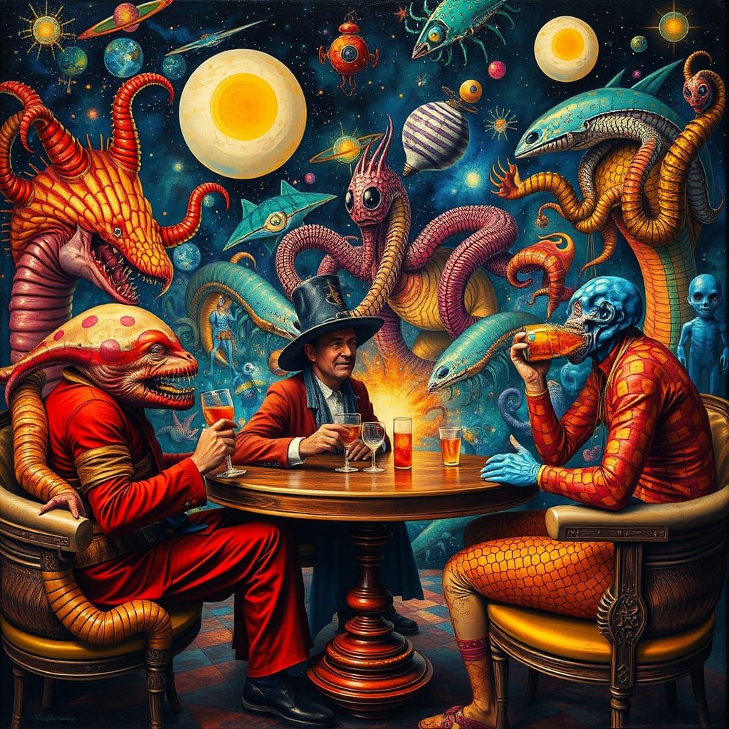Cosmic Cafe Scene in Psychedelic Surrealist Style